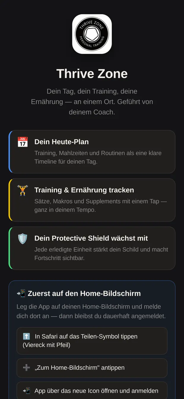 Startbildschirm der App mit Logo, drei Erklärkarten und dem Hinweis „Zuerst auf den Home-Bildschirm“
