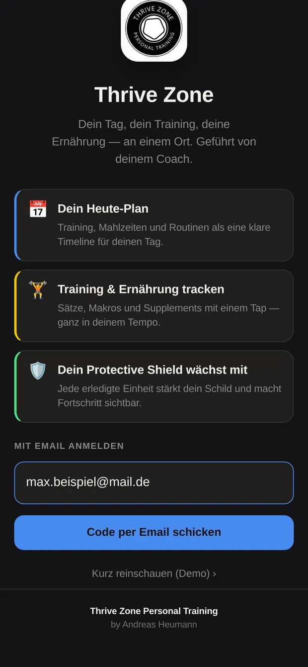 E-Mail-Feld mit eingetippter Adresse und dem Knopf „Code per Email schicken“