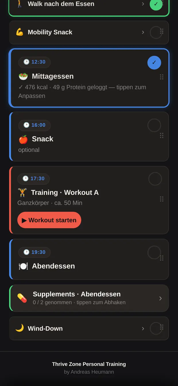 Mittlerer Teil der Timeline mit Frühstück, Walk und Mobility