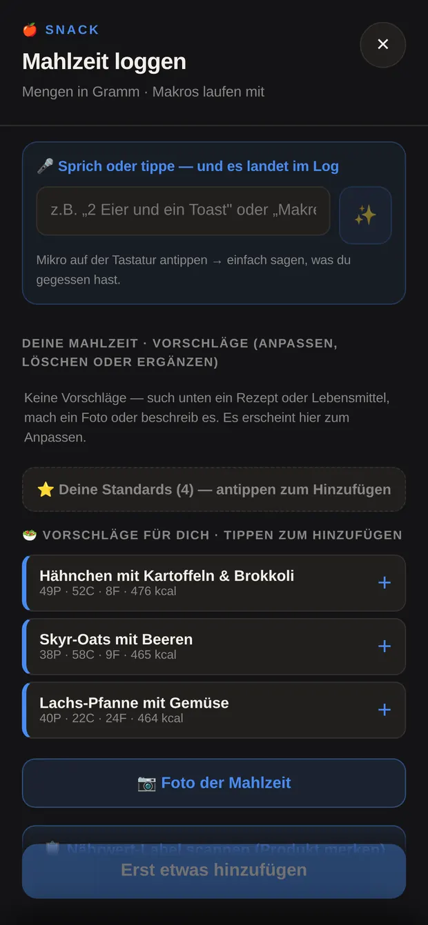 Leerer Mahlzeiten-Logger mit dem Sprach- und Texteingabefeld oben