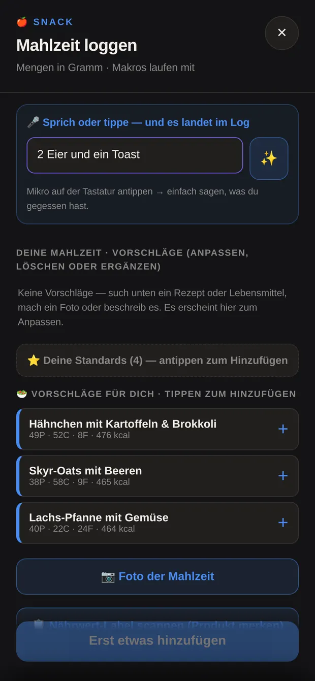 Eingabefeld mit dem Text „2 Eier und ein Toast“