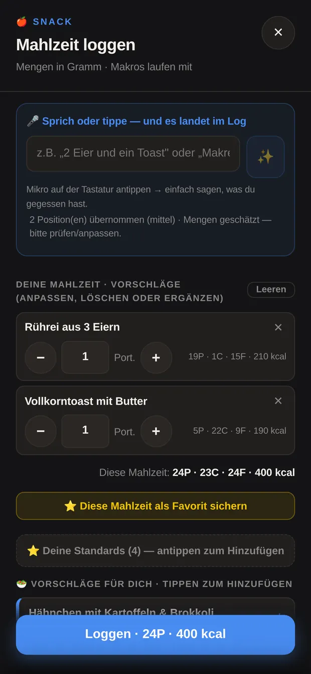 Zwei erkannte Positionen mit Nährwerten in der Mahlzeit