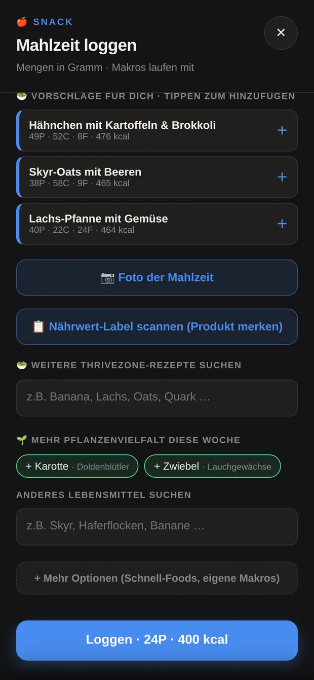 Knöpfe für Foto der Mahlzeit und Nährwert-Label scannen