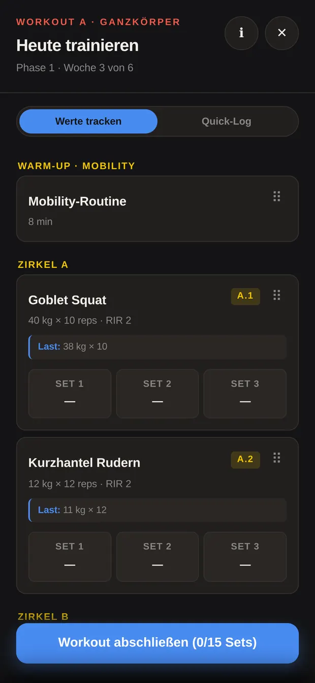 Workout-Ansicht mit Warm-up und den ersten Übungen