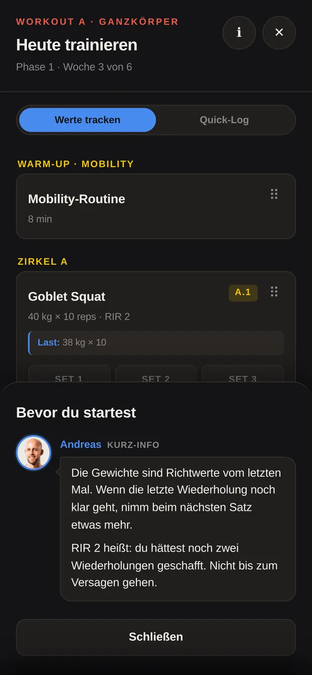 Kurz-Info des Coaches im Workout