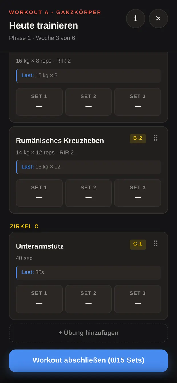 Zirkel B mit zwei Übungen und ihren Satz-Kacheln