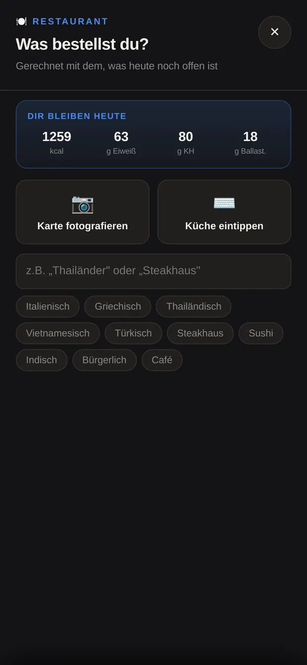 Restaurant-Fenster mit Restbudget und den beiden Startknöpfen