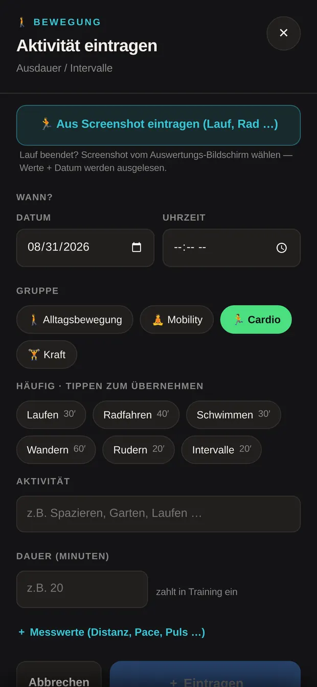 Fenster für den Lauf-Import mit dem Screenshot-Knopf oben