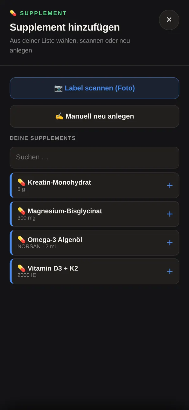 Erster Schritt: Supplement auswählen oder Label scannen