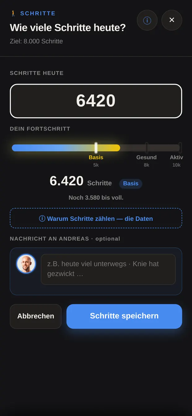 Fenster Schritte mit Eingabefeld und der Fortschrittslinie