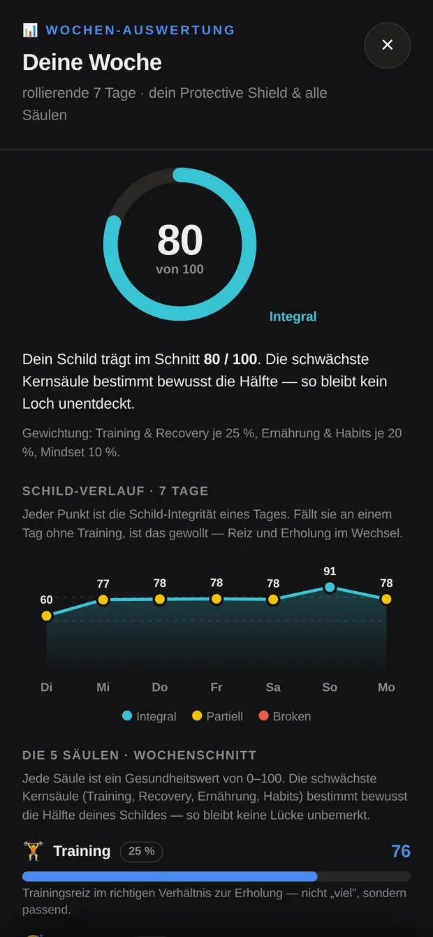 Wochen-Auswertung mit Schild-Schnitt und Verlauf