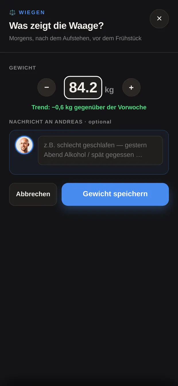Fenster Wiegen mit Gewichtseingabe und Trendzeile