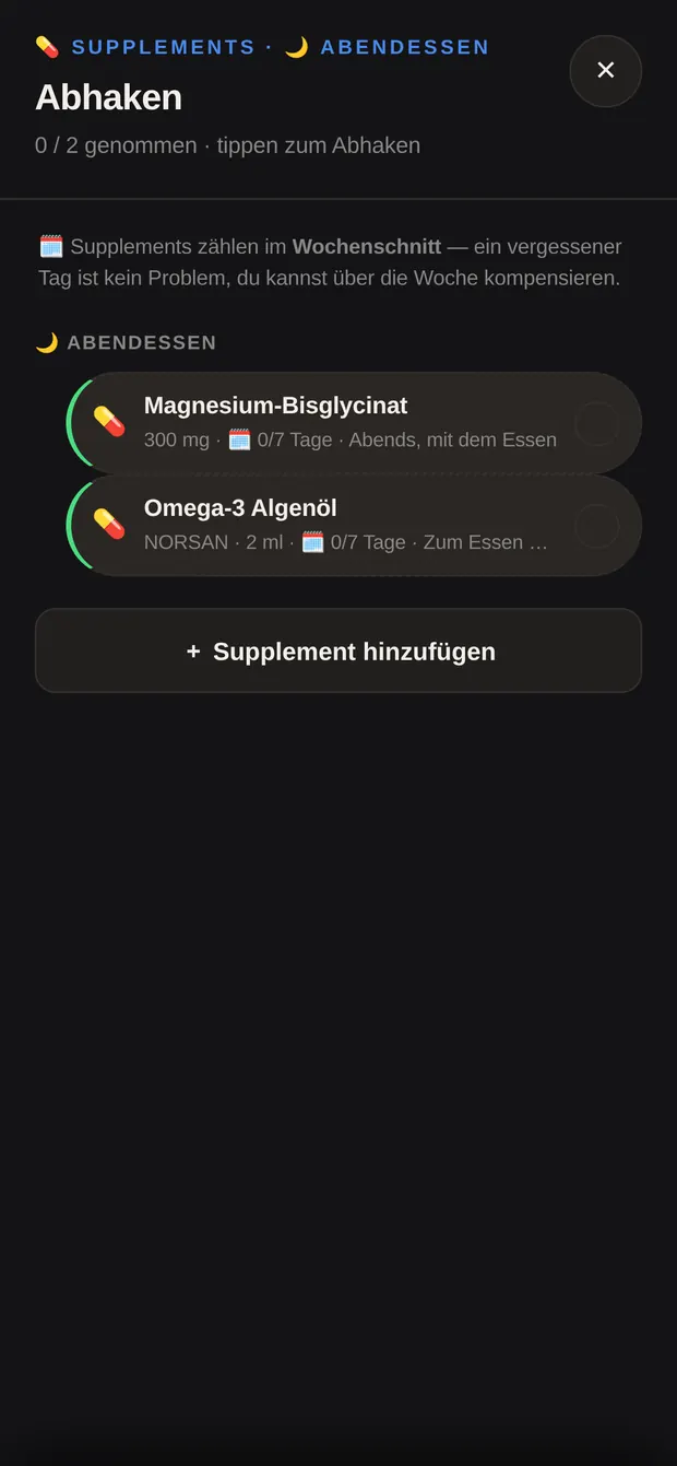 Supplement-Liste mit zwei Einträgen zum Abhaken