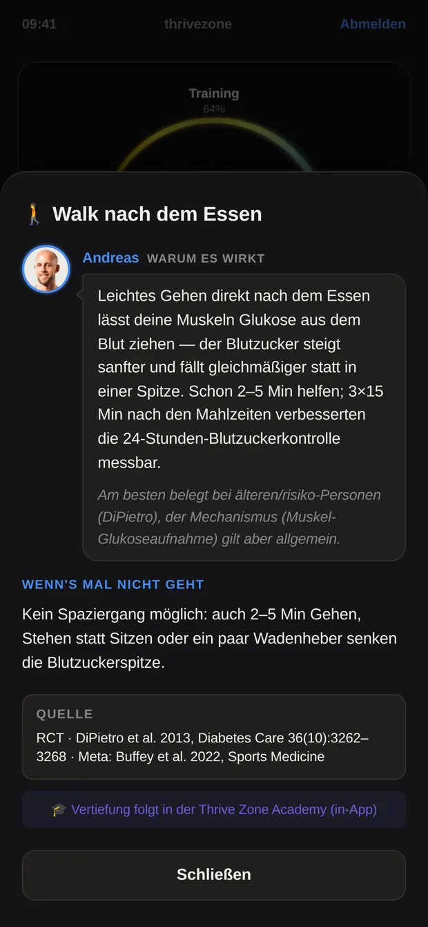 Info-Karte mit der Erklärung, warum ein Spaziergang nach dem Essen wirkt