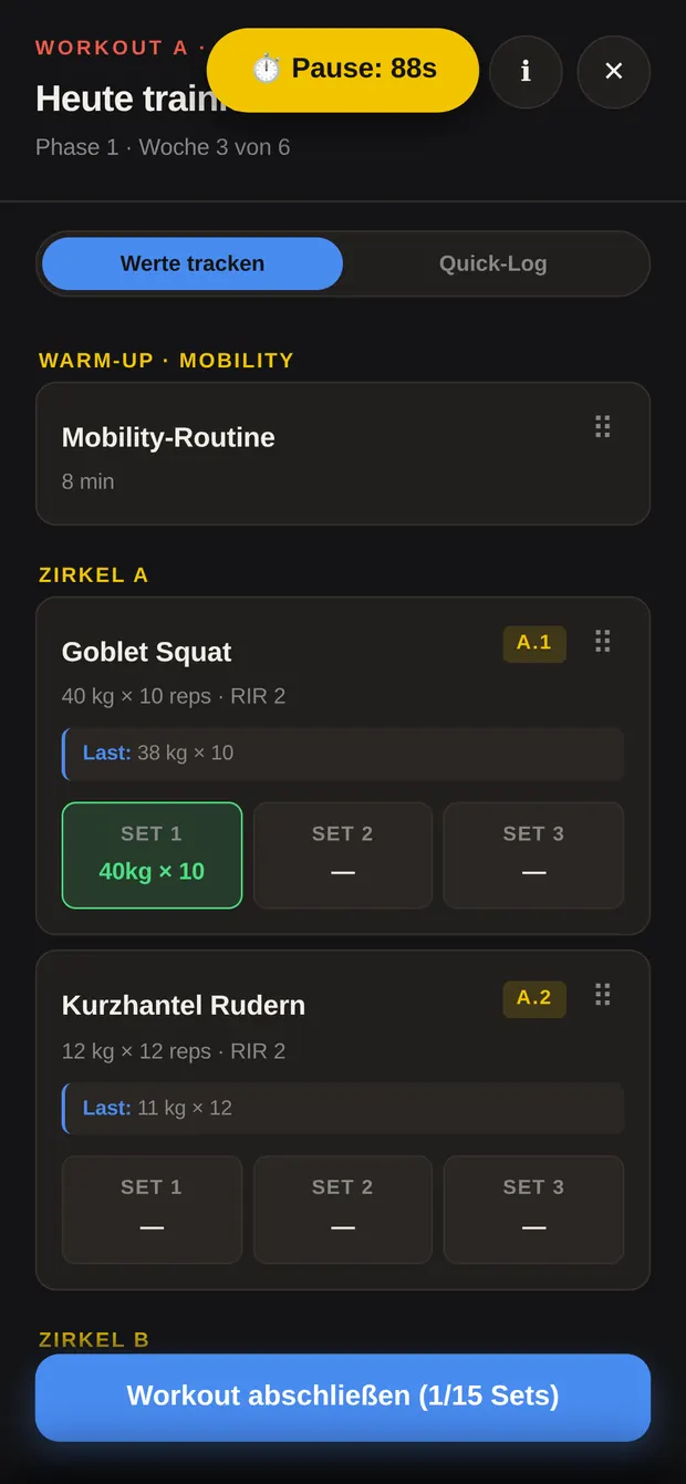 Geloggter Satz auf der Kachel und laufender Pausen-Timer