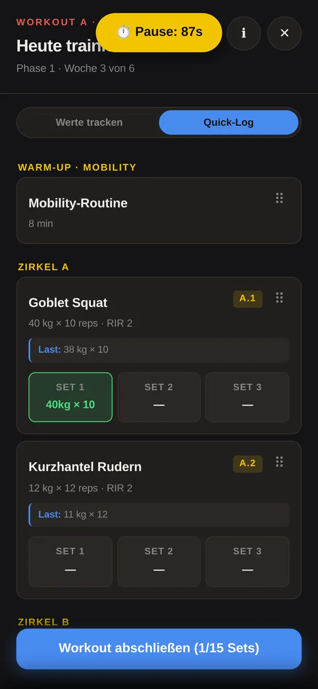 Workout im Quick-Log-Modus