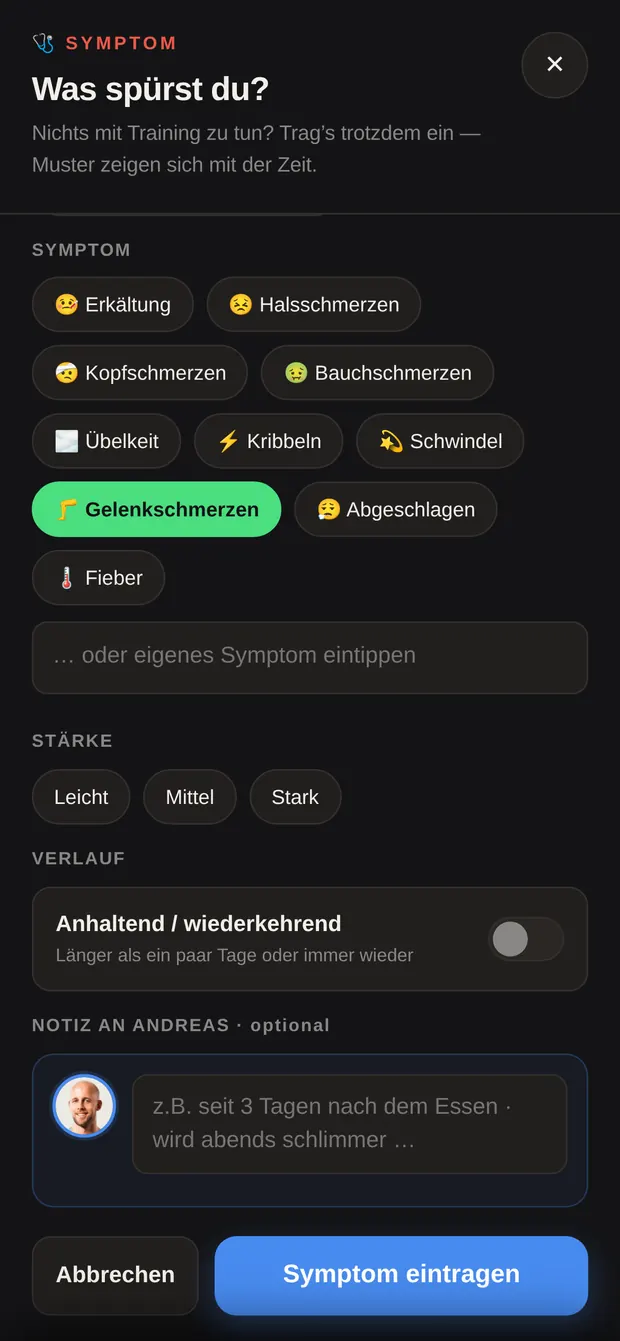 Symptom, Stärke und Verlauf ausgefüllt