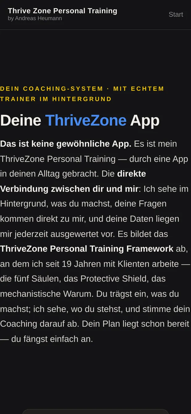 Die App-Seite auf thrivezone-academy.de mit Titel „Deine ThriveZone App“