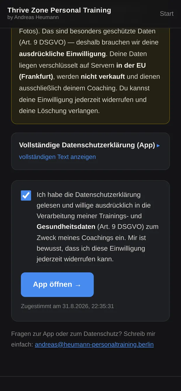 Datenschutz-Kasten mit gesetztem Haken und aktivem Knopf „App öffnen“
