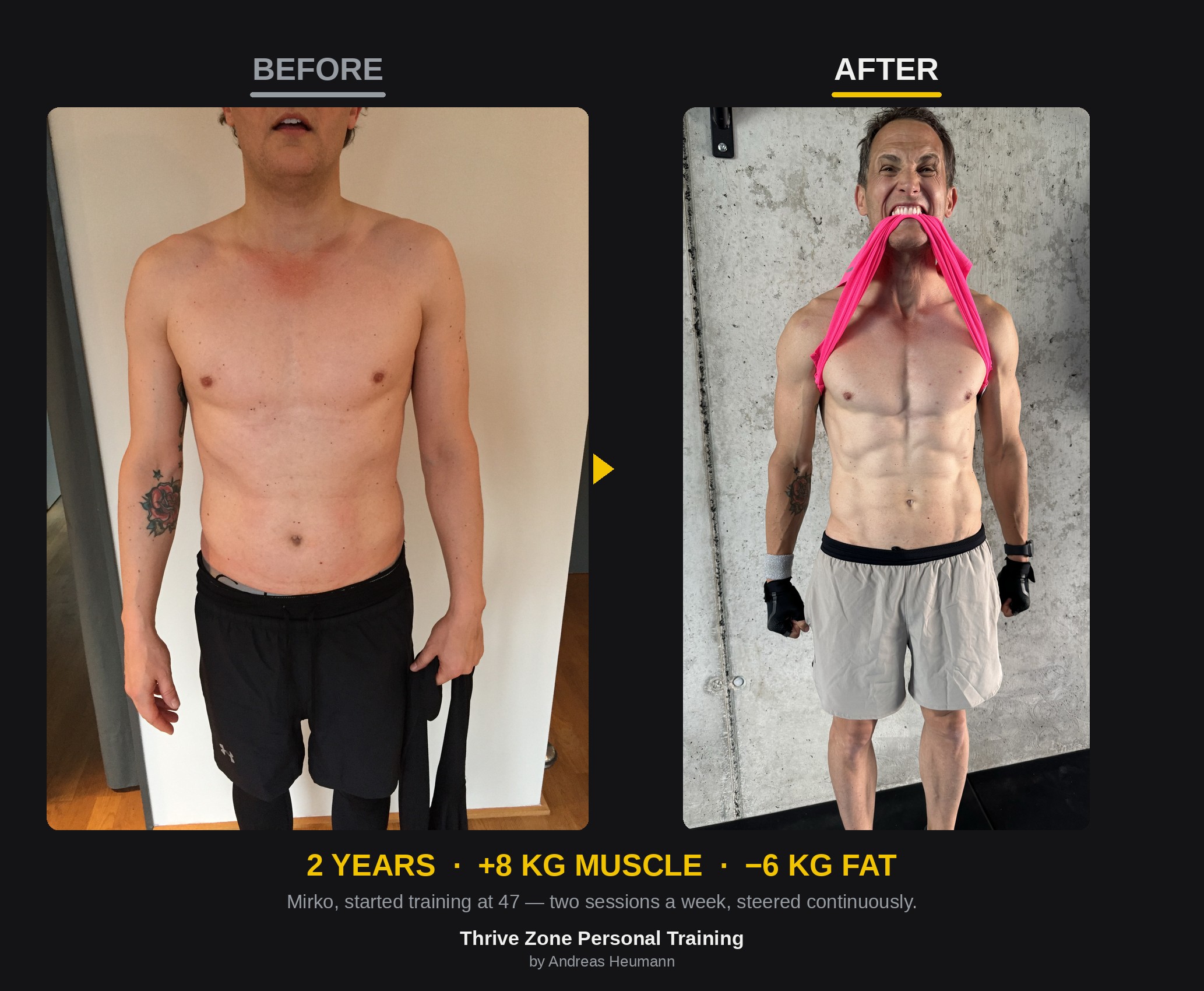 Mirko before and after: on the left at the start of training at 47, on the right after two years of structured training with visible abdominal musculature