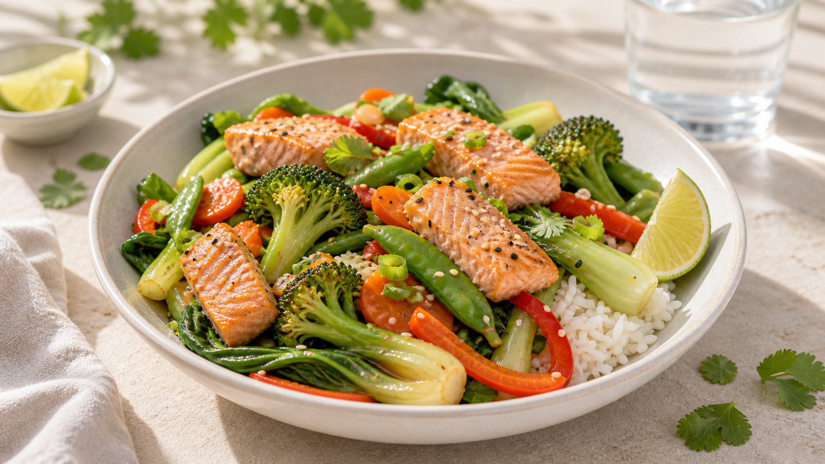 Asiatische Gemüsepfanne mit Lachs - ThriveZone Meal