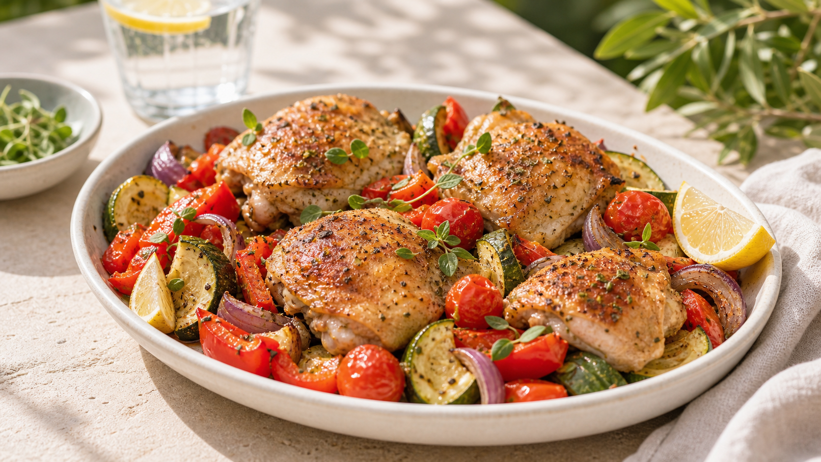 Mediterranes Ofengemüse mit Hähnchenkeulen - ThriveZone Meal