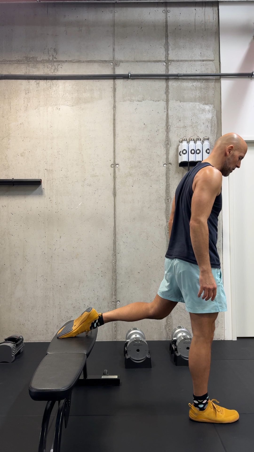 Bulgarian split squat, upright start, back foot elevated
