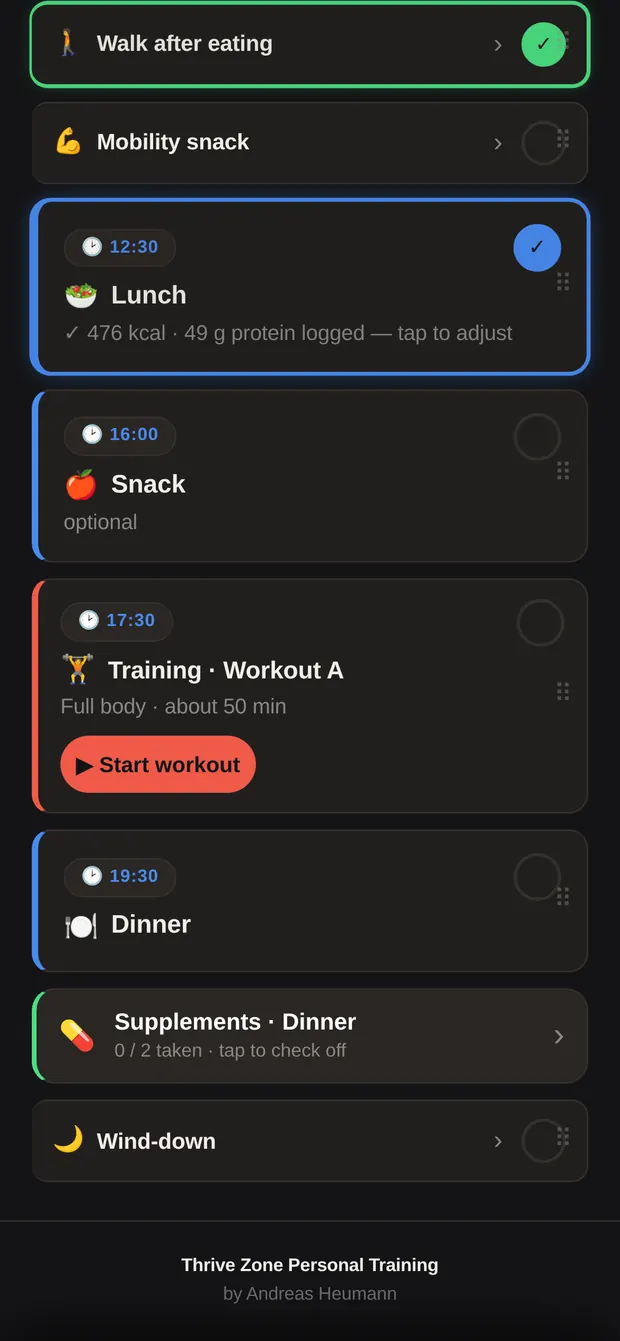 Lower part of the day list with training card, dinner and supplements