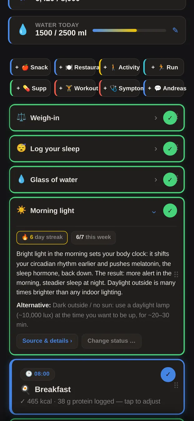 An expanded habit row showing streak, reasoning and alternative