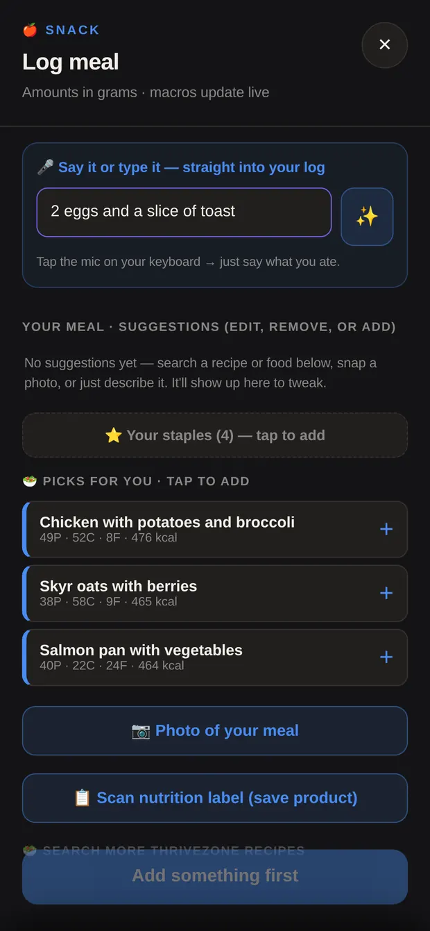 Input field with the text 2 eggs and a slice of toast