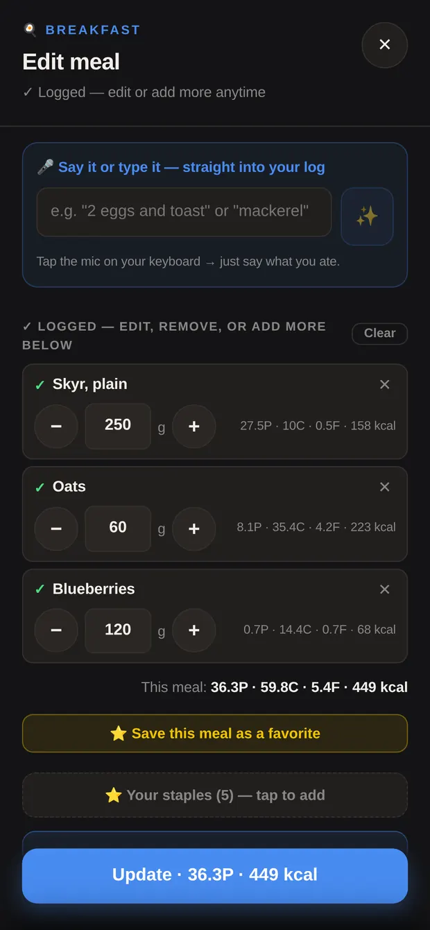 A logged meal with ticks on the items
