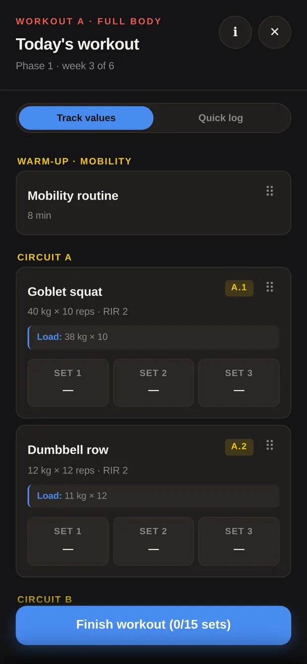 Workout view with warm-up and the first exercises