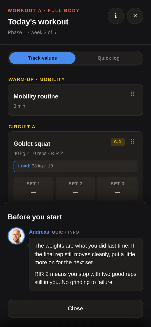 The coach’s short note inside the workout