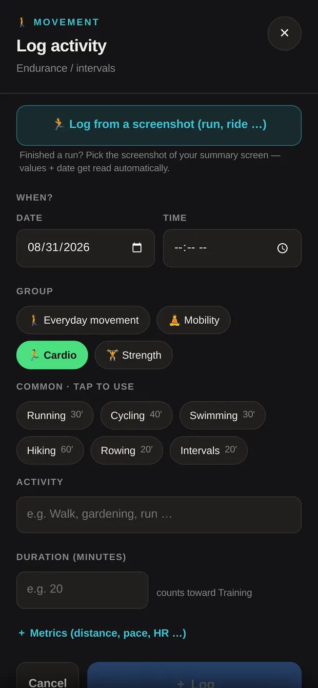 Metric fields for distance, pace, heart rate, calories and elevation