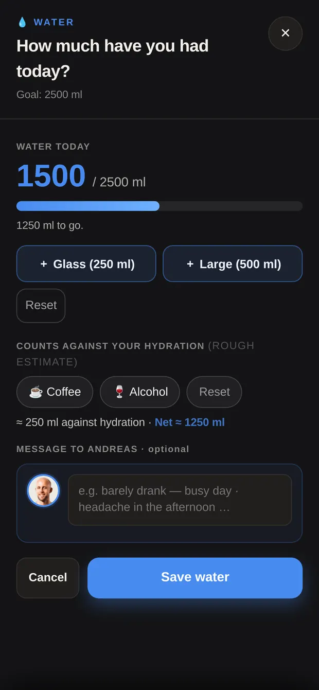 Water window with glass and large buttons plus coffee and alcohol
