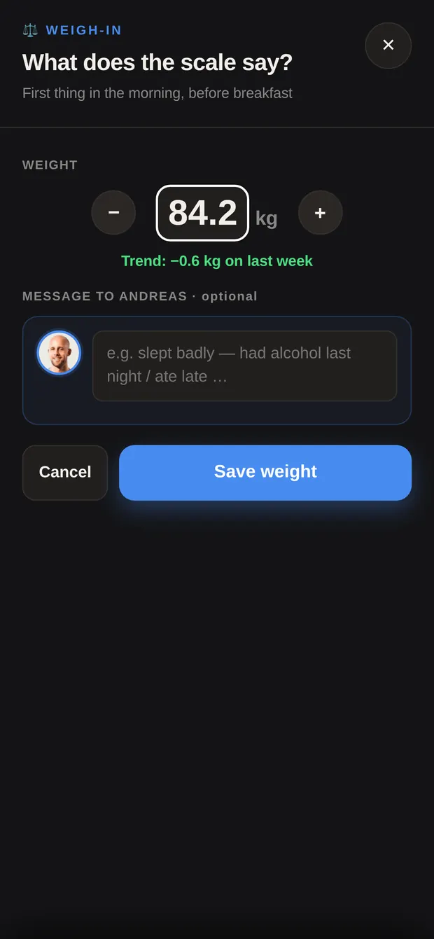 Weigh-in window with the weight input and trend line