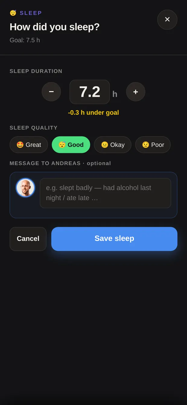 Sleep window with duration and the four quality options