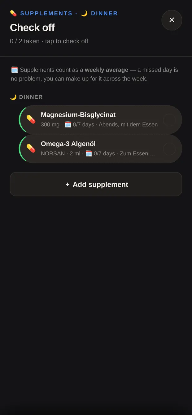 Supplement list with two entries to tick off