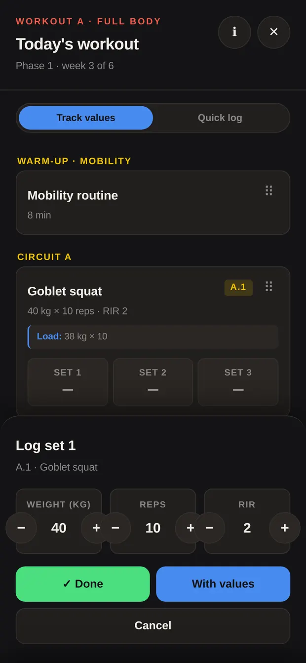 Set input with weight, reps and RIR