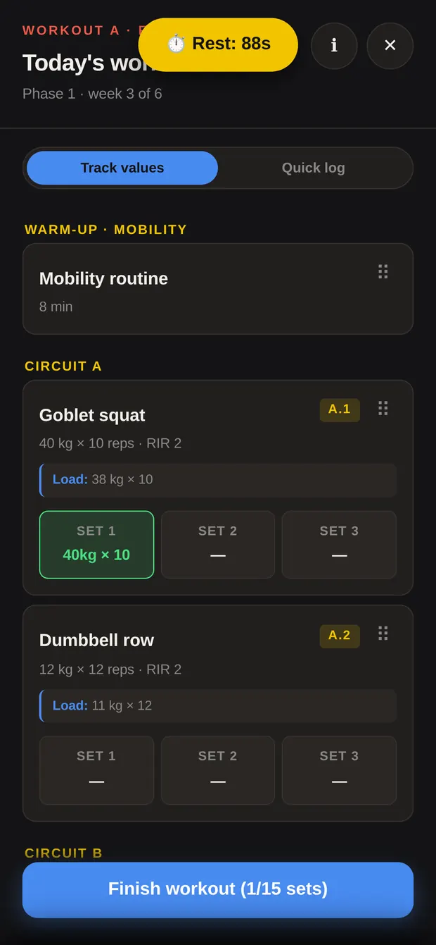 A logged set on the tile and the rest timer running