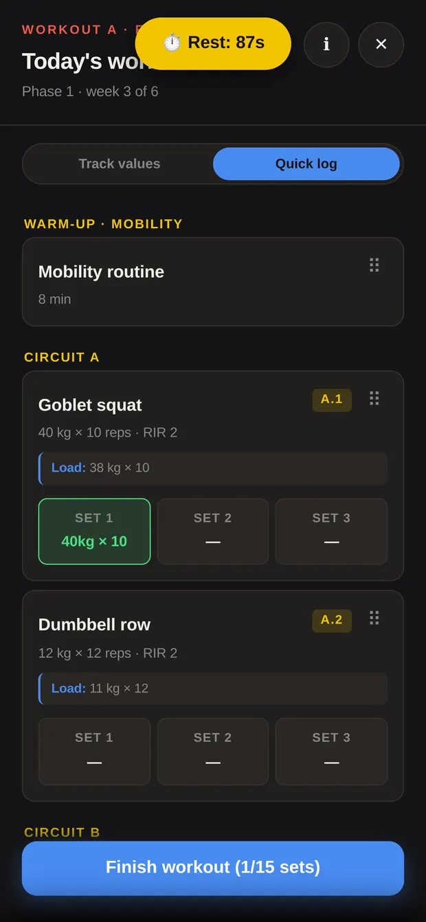 Workout in quick log mode
