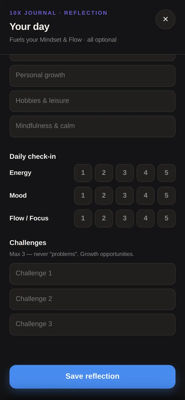 Evening block, daily check-in and challenges