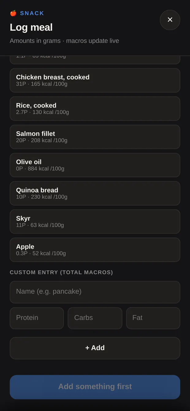 Quick foods and the custom entry under “More options”