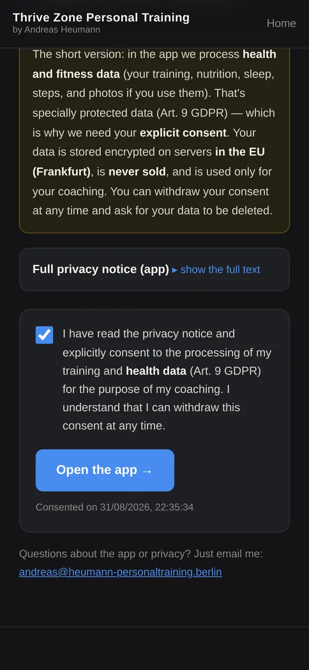 Privacy box ticked and the Open the app button active